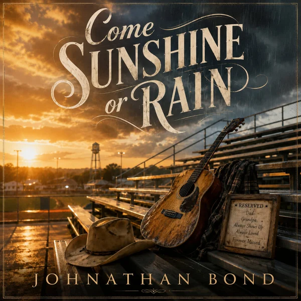 Official Come Sunshine Or Rain cover artwork featuring a guitar, bleachers and a sunset